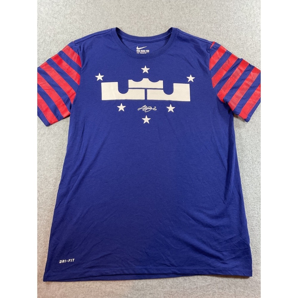 Nike LeBron James Dri-FIT T-Shirt Mens L Blue Red Striped Sleeve 717925-455 #683